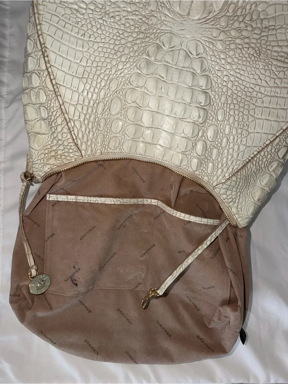 Brahmin Ivory Croc-Embossed Hobo Bag